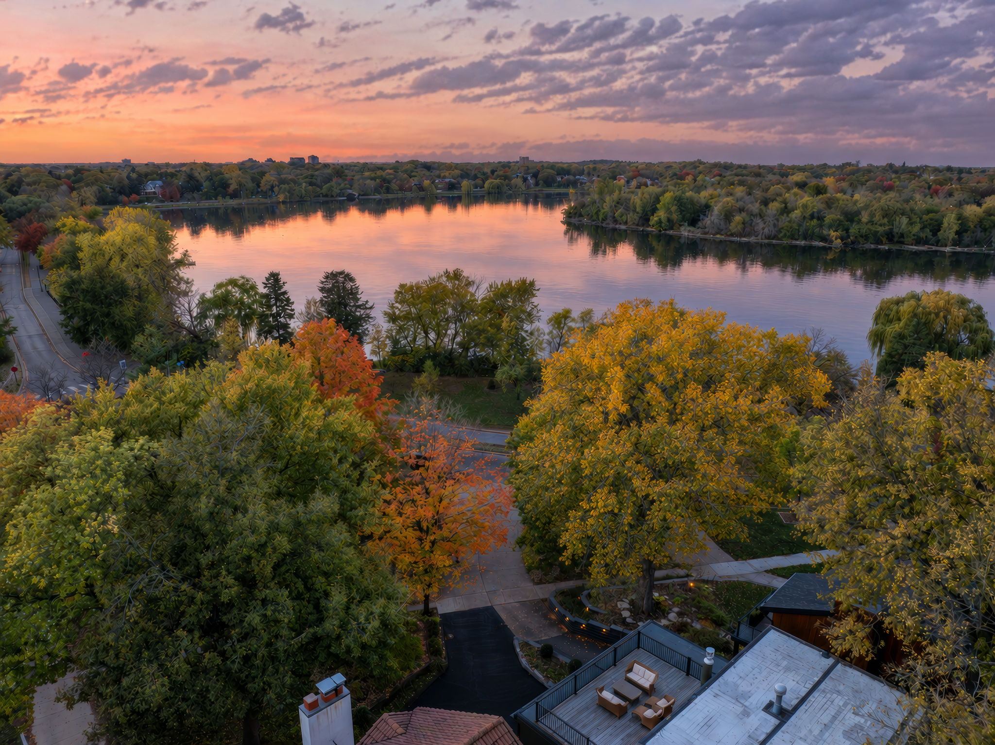 Lake of the Isles at dusk, seen from above the home